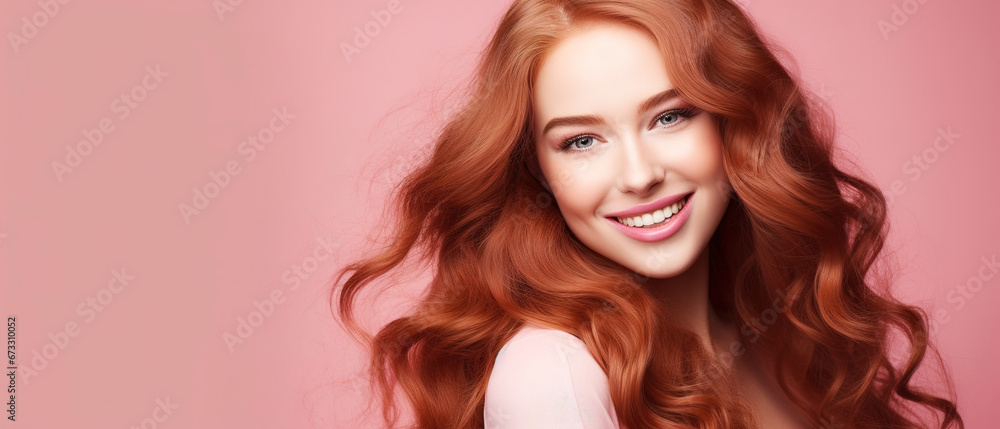 Beautiful elegant european red-haired smiling young woman with perfect skin and long red hair, on a pink background, close-up Beautiful elegant european red-haired smiling young woman with perfect skin and long red hair, on a pink background, close-up