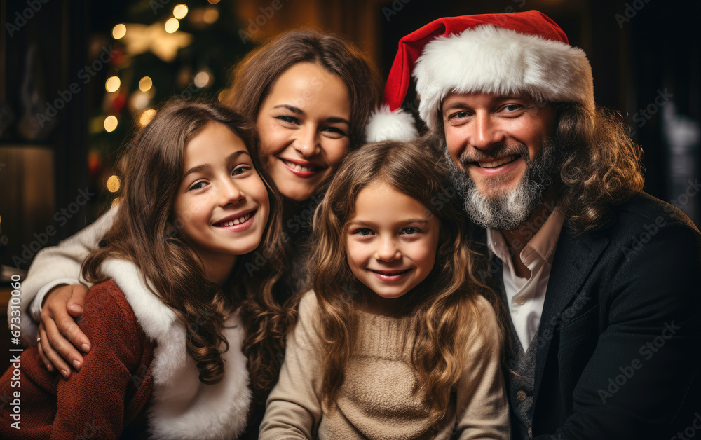 A happy smiling family on a sofa together at a Christmas party