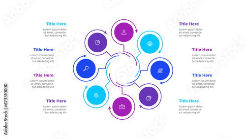 Outline cycle diagram with 8 options or steps. Slide for business presentation. Circle abstract element divided into three parts