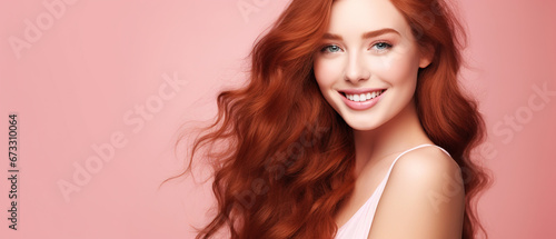 Beautiful elegant european red-haired smiling young woman with perfect skin and long red hair, on a pink background, close-up