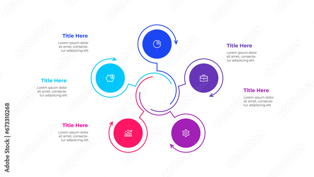 Outline cycle diagram with 5 options or steps. Slide for business presentation. Circle abstract element divided into three parts - obrazy, fototapety, plakaty 