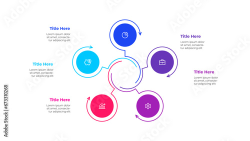 Outline cycle diagram with 5 options or steps. Slide for business presentation. Circle abstract element divided into three parts