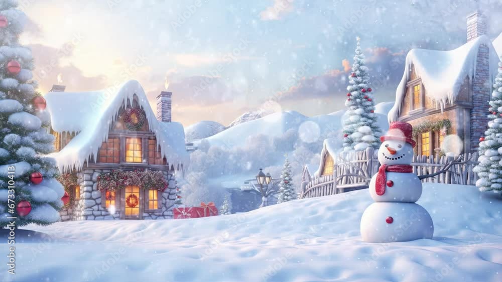 christmas celebration with snowman in the village. with cartoon style. seamless looping time-lapse virtual video animation background.