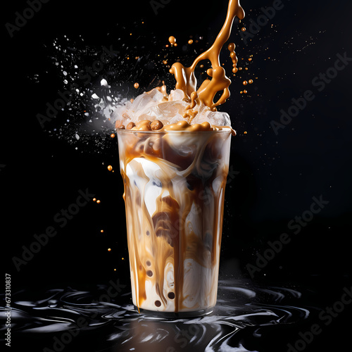 An iced macchiato drink with topped milk