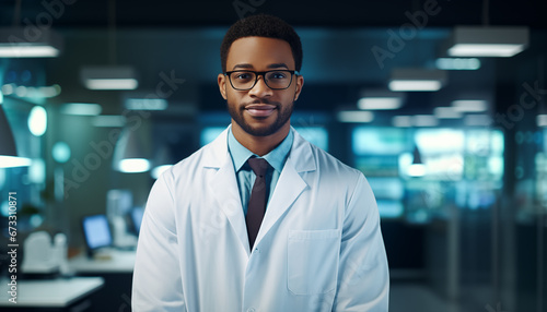 Doctor in white coat on blurred laboratory background