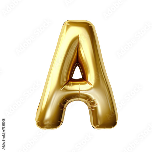 Gold metallic A alphabet balloon Realistic 3D on white background.