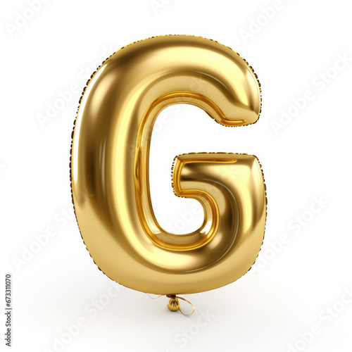 Gold metallic G alphabet balloon Realistic 3D on white background.