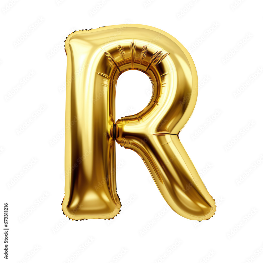 Gold metallic R alphabet balloon Realistic 3D on white background.