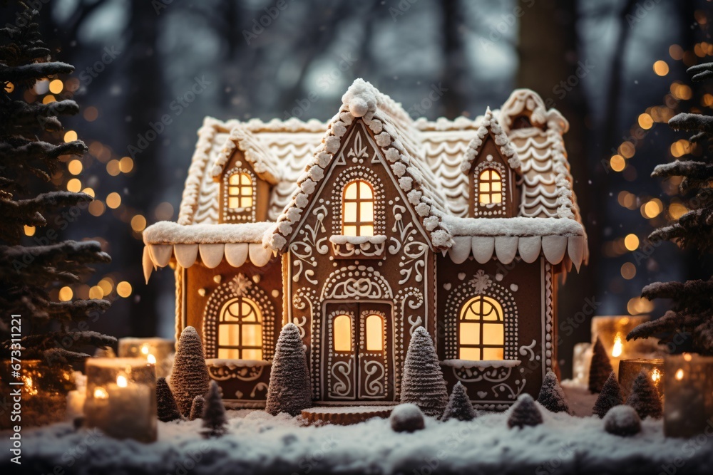a freshly baked gingerbread house at dusk, its windows aglow with warm light