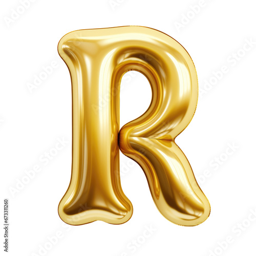Gold metallic R alphabet balloon Realistic 3D on white background.