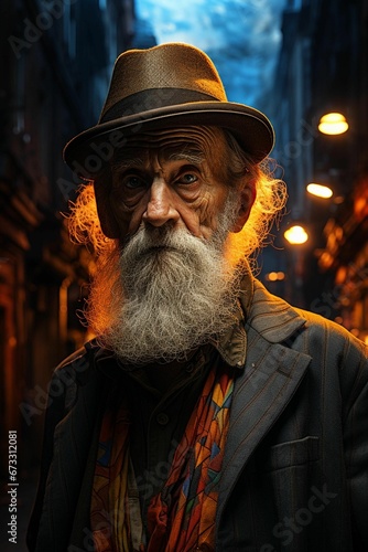 AI generated illustration of an elderly man with gray hair in a hat standing in the street at night photo