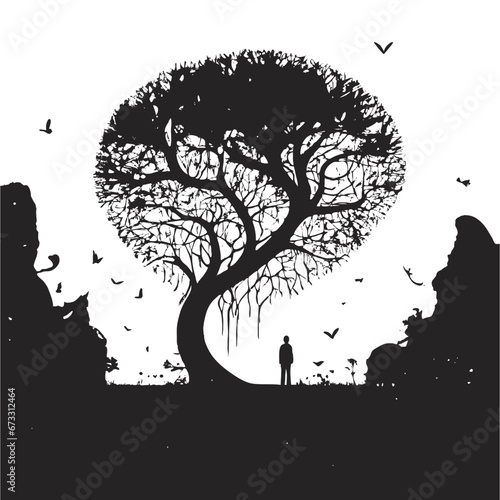 silhouette of big tree in summer on isolated white background