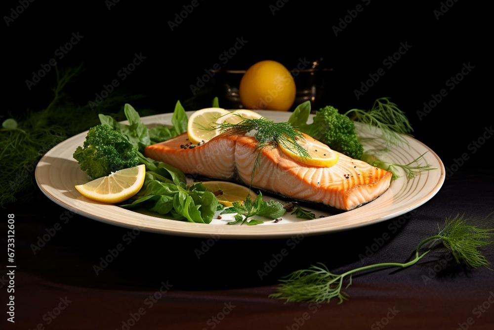 Delicious salmon adorned with fresh herbs and lemon, presented on a pristine plate. Generative AI