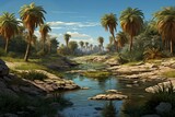 River runs alongside field with palm trees. Generative AI