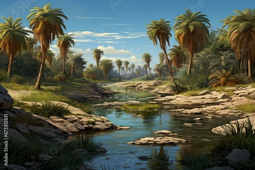 River runs alongside field with palm trees. Generative AI