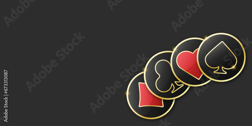 Gambling tokens with suits for poker and casino. Set of red and black poker coins. Diamonds, clubs, hearts, spades chips. Vector illustration on black background.