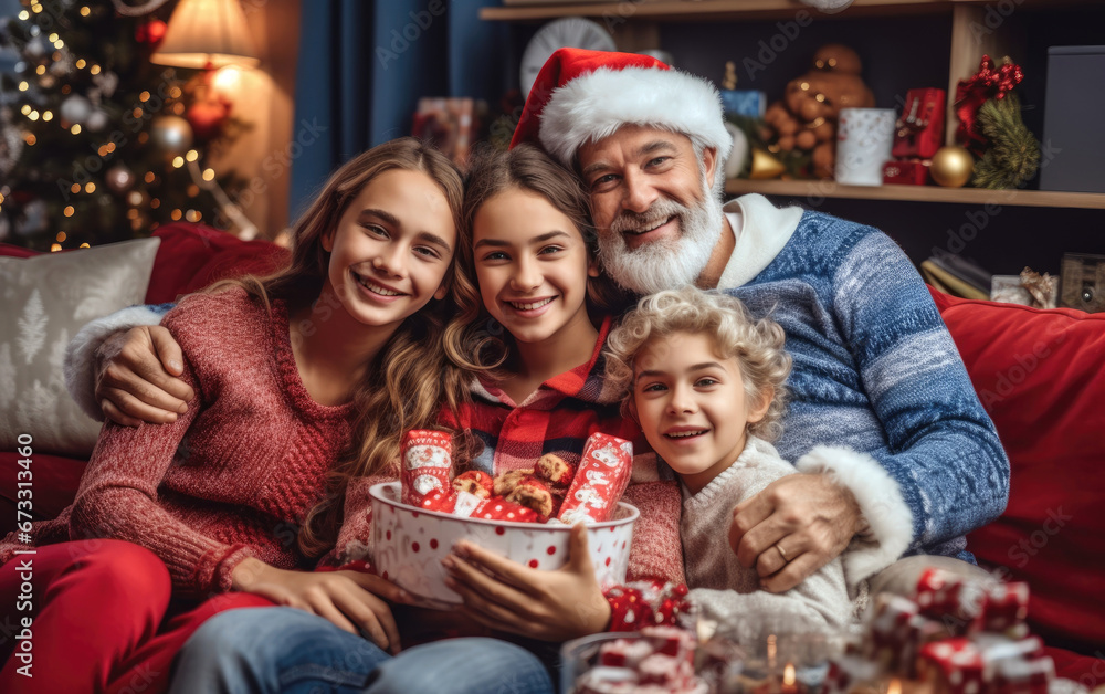 A happy smiling family on a sofa together at a Christmas party A happy smiling family on a sofa together at a Christmas party