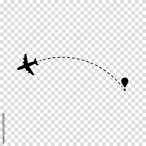 Airplane route plane path. Travel concept. Dotted path airplane. Aircraft tracking. Vector illustration on a transparent background.
