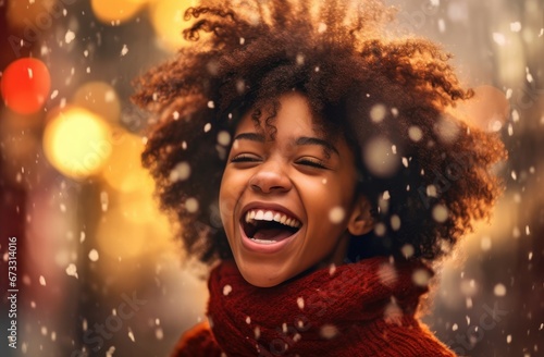 Laughing woman with snowflakes, embodying joy and winter warmth, great for seasonal advertising.