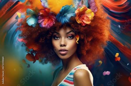 Vibrant party girl with colorful hat and afro hair, embodying festive energy and stylish fun.