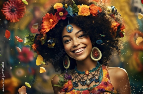 A woman surrounded by vibrant flowers, a symbol of natural beauty. Ideal for beauty or fashion editorials, nature-inspired art projects, or floristry promotions.