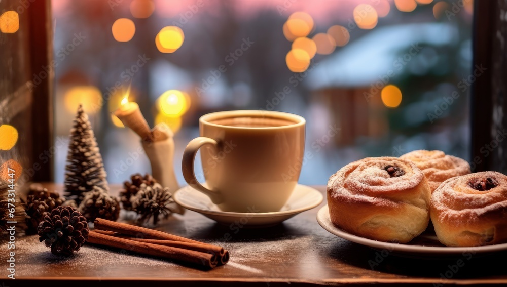 Cozy winter scene with hot beverages and cinnamon rolls, perfect for holiday marketing.  Ideal for cafés or food blogs to illustrate a warm, inviting atmosphere during the holiday season.