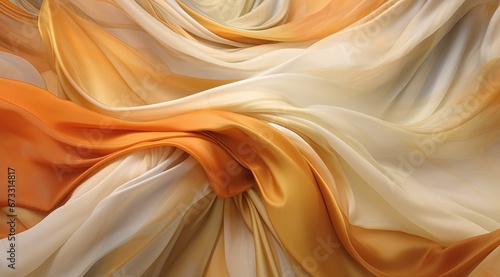 Elegant swirls of cream and orange fabric in a soft, flowing texture. Suitable for interior design, fashion, or textile industries.