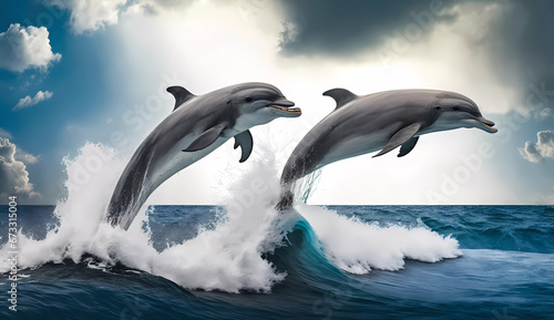 two dolphins jumping out of the water on a wave in the ocean with a blue sky background and white clouds