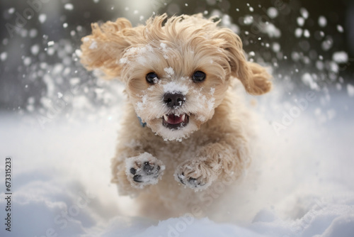 A happy dog enjoys winter games in the fresh snow in the park.