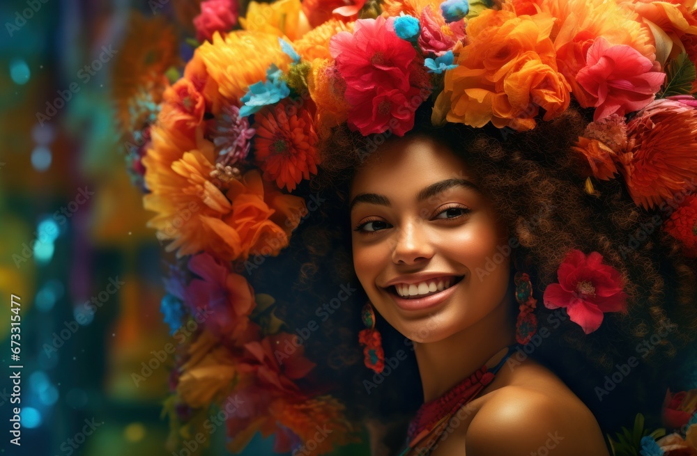 Vibrant woman with floral headpiece, perfect for beauty and fashion campaigns. Ideal for multicultural festival promotions, beauty brands, and fashion editorials.