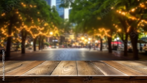 Wooden surface with urban night backdrop, perfect for restaurant ambiance visuals. Ideal for dining establishments to showcase their evening atmosphere or for decorators.