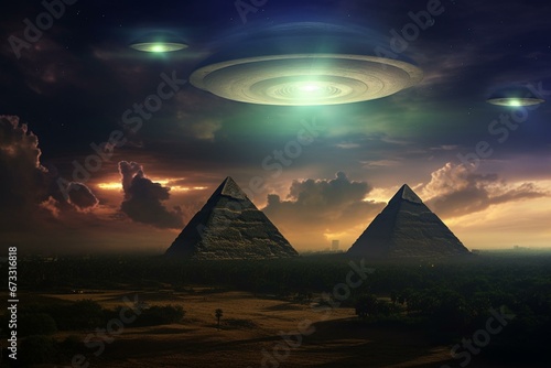 UFOs hovering over stunning pyramids in Giza  Egypt. Generative AI