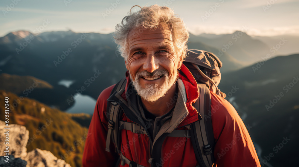 Old happy and smiling hiking man standing on mountain peak