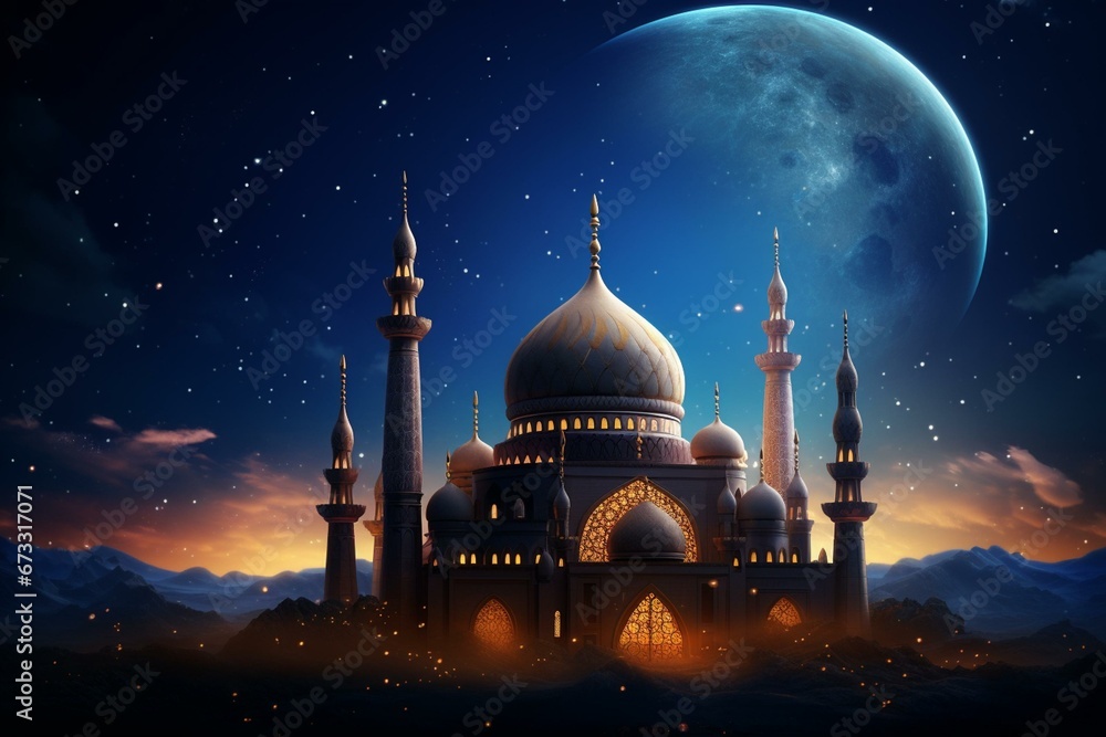 Scenic mosque dome with crescent moon and stars on twilight sky in Ramadan period. Generative AI