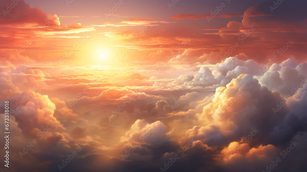 beautiful cloudscape and sunset over fluffy clouds, vibrant and colorful wallpaper of heaven