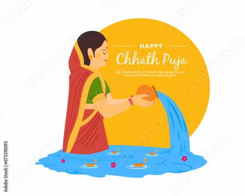 illustration of Happy Chhath Puja Holiday background Indian Women standing in water and worshipping God Sun festival of India