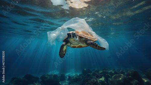 turtle and fish swimming by polluted waters with plastic trash and garbage, ecology disaster and damage concept, underwater