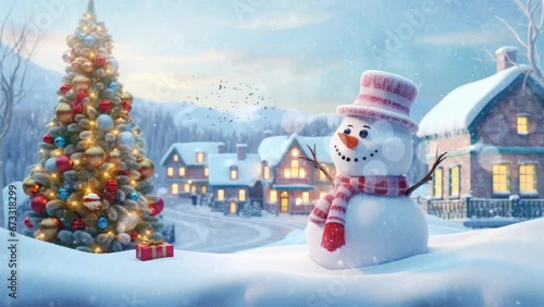 christmas celebration with snowman in the village. with cartoon style. seamless looping time-lapse virtual video animation background. photo