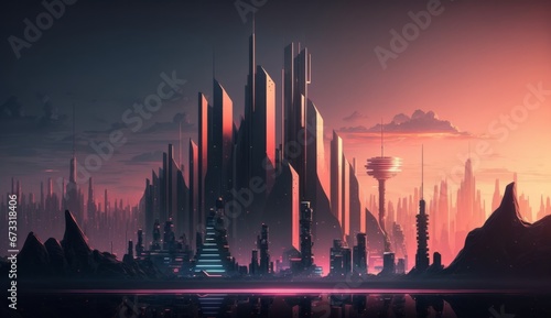 sci-fi city, sunset in the city