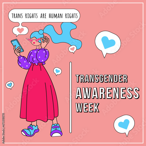 Transgender Awareness week. Square banner template for social media post. Human character with phone receives message Trans rights are human rights. Playful cheerful design. Modern vector illustration