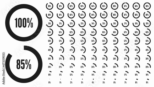 Big percent collection for user interface UI or business infographic. Set of icon for infographic. Percentage circle diagrams from 0 to 100. Black shapes. Vector illustration.