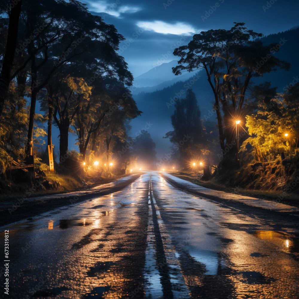Mountain forest road in the evening