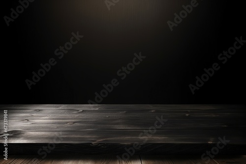 Black wooden interior with a dark table for displaying products including an old cutting board