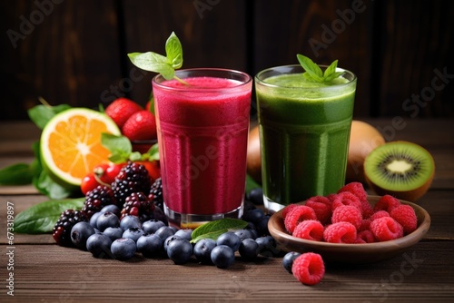 Blended berries fruits and spinach juice on wooden backdrop
