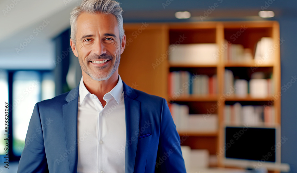 Naklejka premium PORTRAIT OF A HAPPY SMILING MATURE BUSINESSMAN AGAINST OFFICE BACKGROUND. legal AI