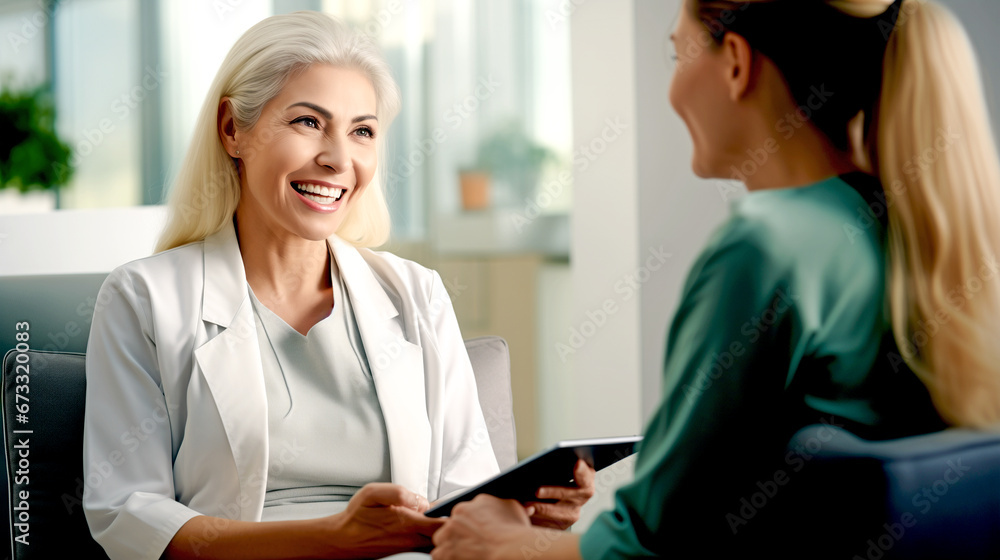 WOMAN DOCTOR TALKING WITH PATIENT USING TABLET. legal AI WOMAN DOCTOR TALKING WITH PATIENT USING TABLET. legal AI