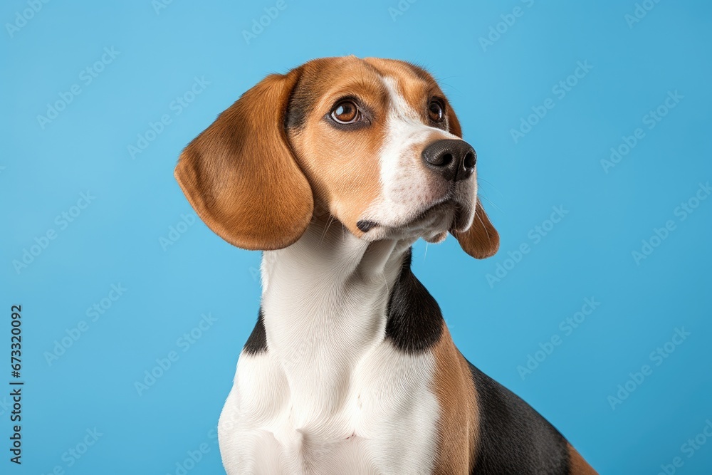 Blue studio backdrop with a beagle dog