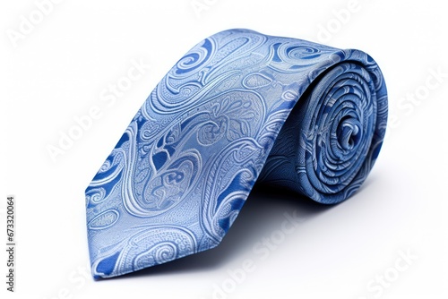 Blue pattern tie rolls on isolated white background