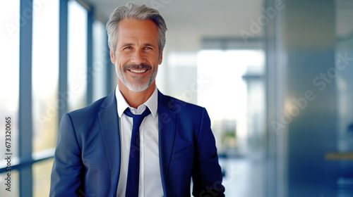 PORTRAIT OF A HAPPY SMILING MATURE BUSINESSMAN AGAINST OFFICE BACKGROUND. legal AI © PETR BABKIN