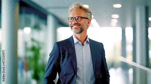 PORTRAIT OF A HAPPY SMILING MATURE BUSINESSMAN AGAINST OFFICE BACKGROUND. legal AI